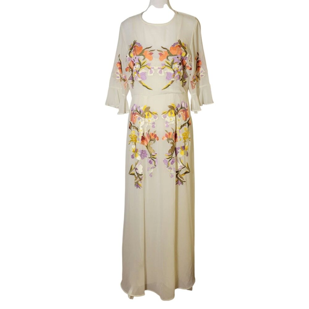 Hope & Ivy Embroidered Boho Chiffon Maxi Dress 14 Floral Cottagecore Fairy
